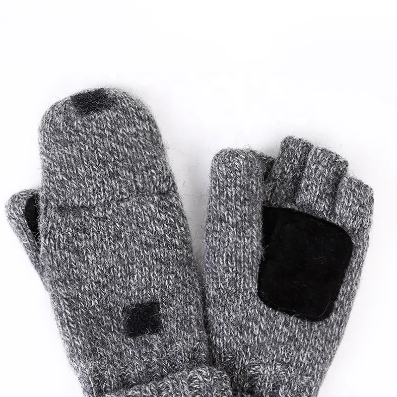 Hot Selling Unisex Fingerless Winter Gloves Mittens With Flap Cover Wool Gloves With Sheepskin Palm Pad Men Women Warmer