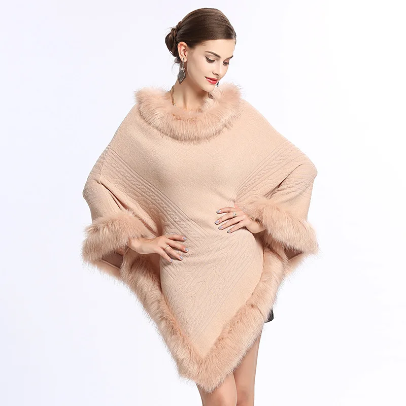 Women knitted poncho adult blanket scarf faux fur cape shawl winter wholesale mexican ponchos 2022