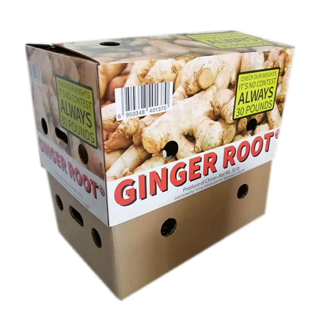 top and bottom type corrugated cardboard fruit and vegetable transport ginger packing carton box with perforated holes
