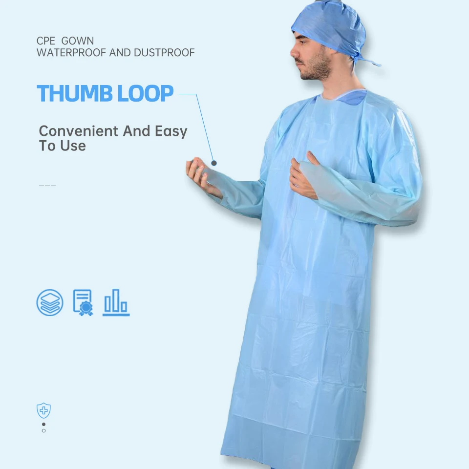Blue & White disposable waterproof Plastic patient cpe gown with rubber rolled cuff Available in standard and reinforced
