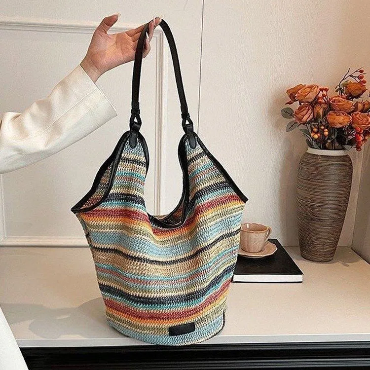 Armpit woven women new fashion casual contrast color striped tote commuting simple shoulder straw bag