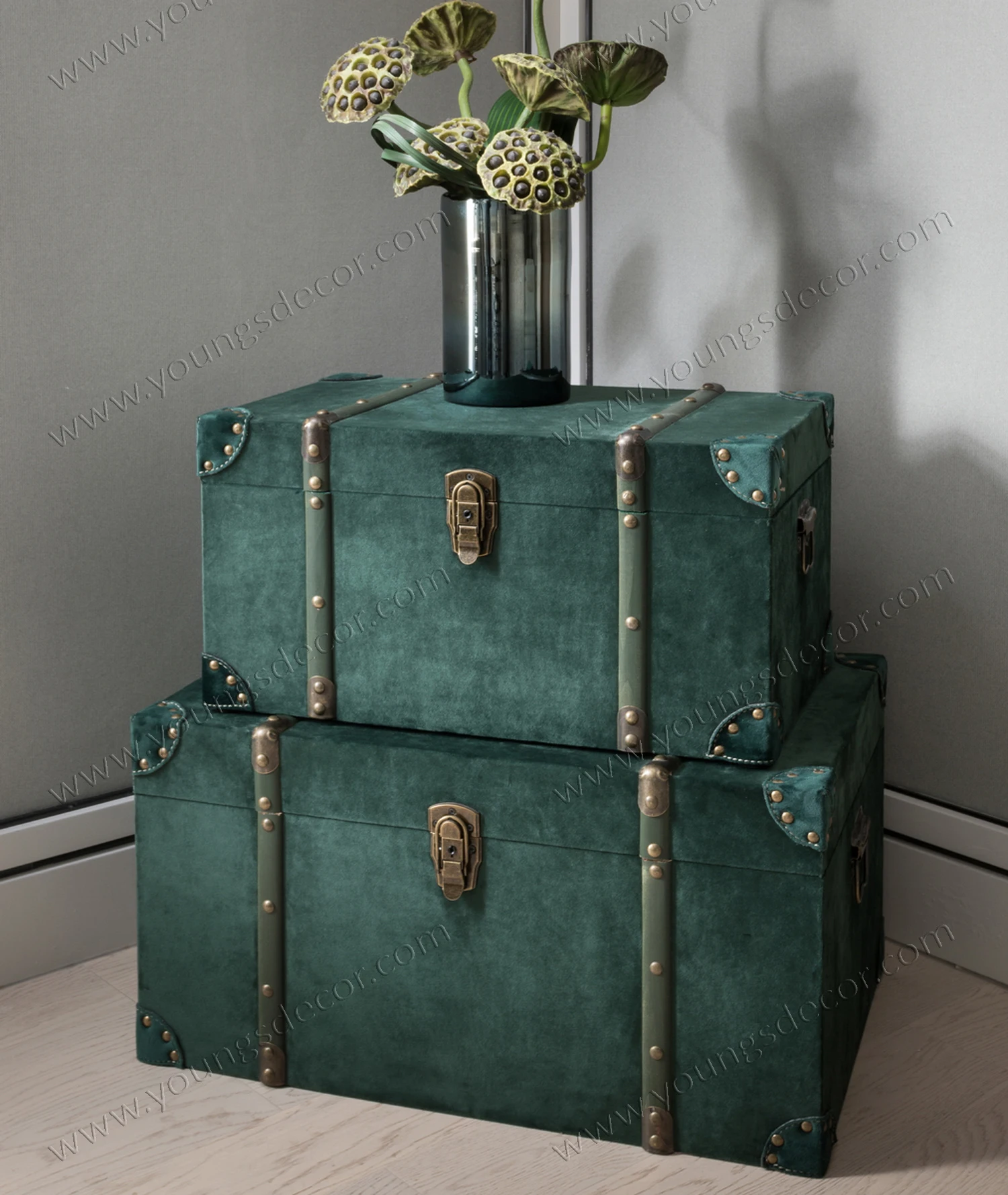 Velvet Wooden Storage Trunk Box Set for Home Storage or Display