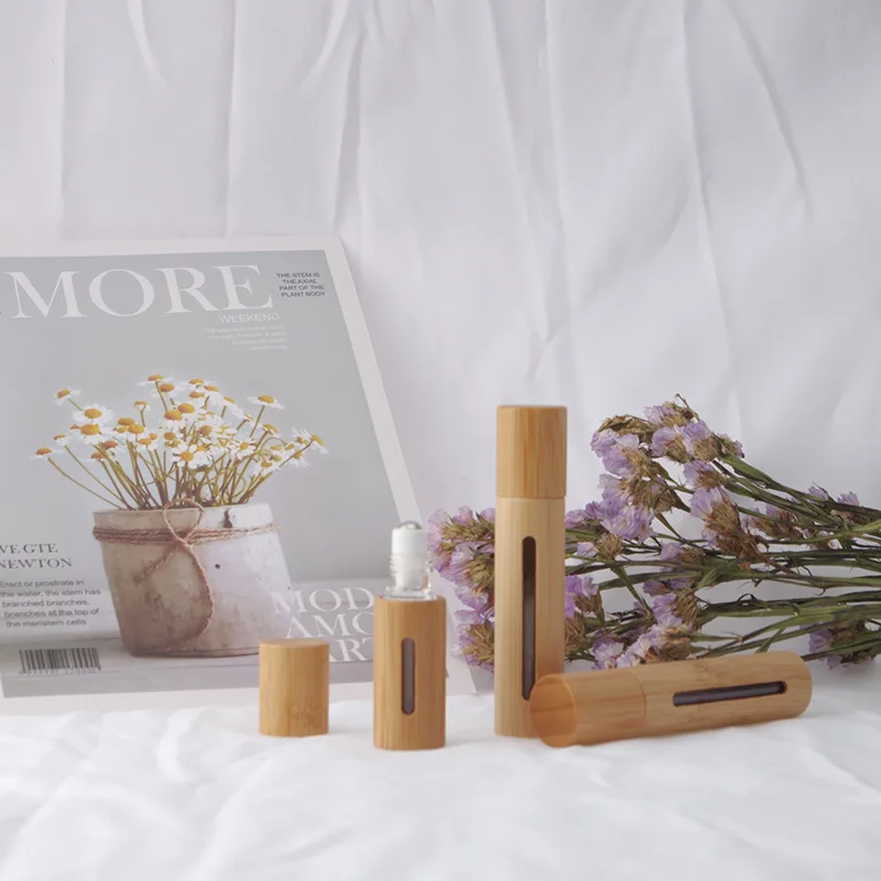 Custom Logo 10ml Bamboo Shell Glass Roll on Bottles for Essential Oils with Stainless Steel Roller Balls Rollerball Container