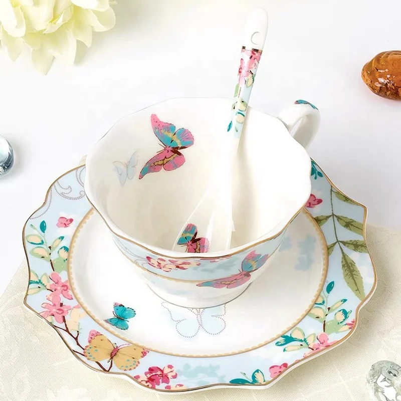 Elegant European luxury ceramic butterfly flower tea cup porcelain English afternoon tea & coffee cup and saucer set
