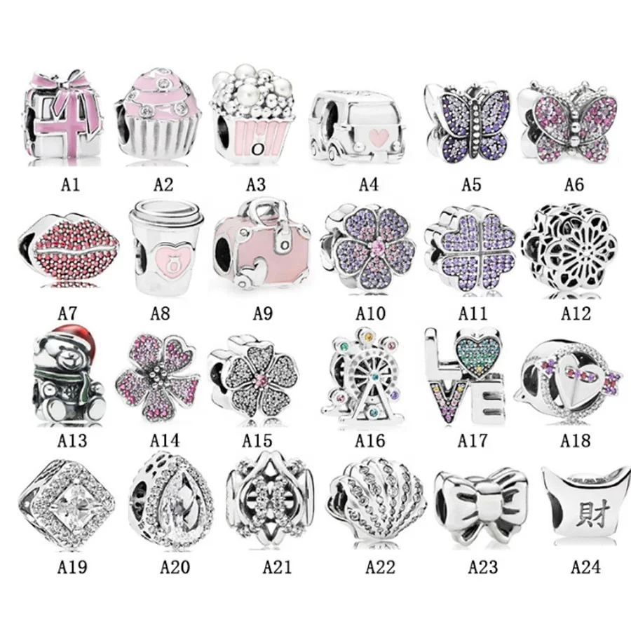 High quality 100% 925 zircon stone flower Butterfly DIY beads silver heart bulk charms for jewelry making