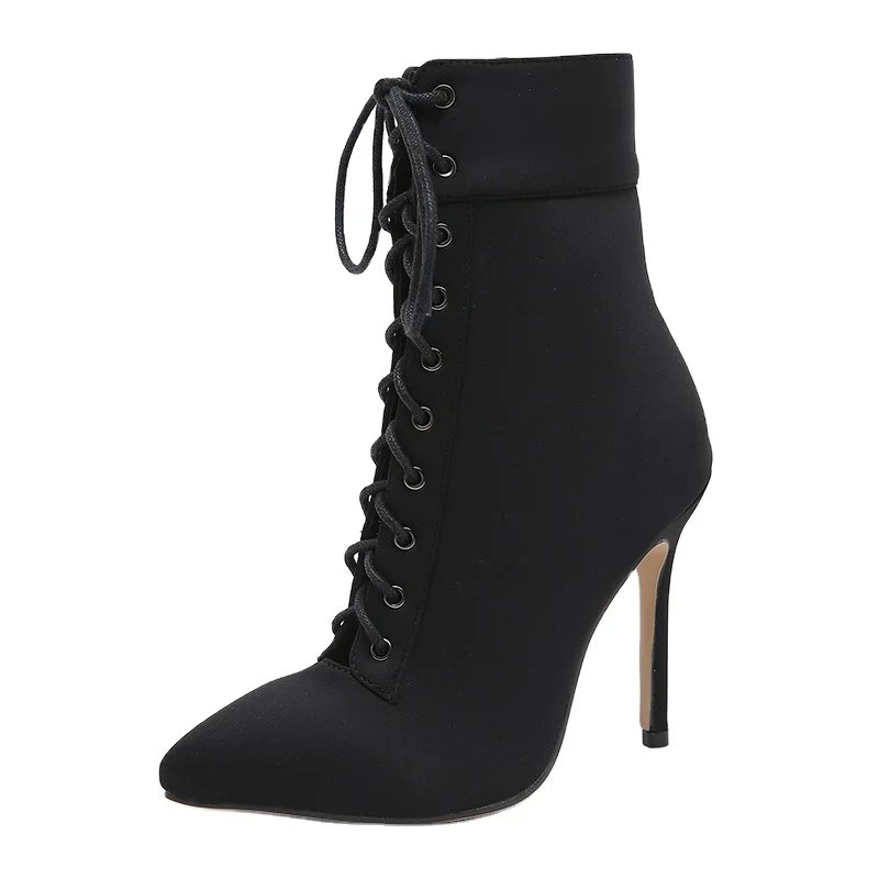 New Sexy women ankle boots pointed toe leather ankle boots women heels boots ankle lace up