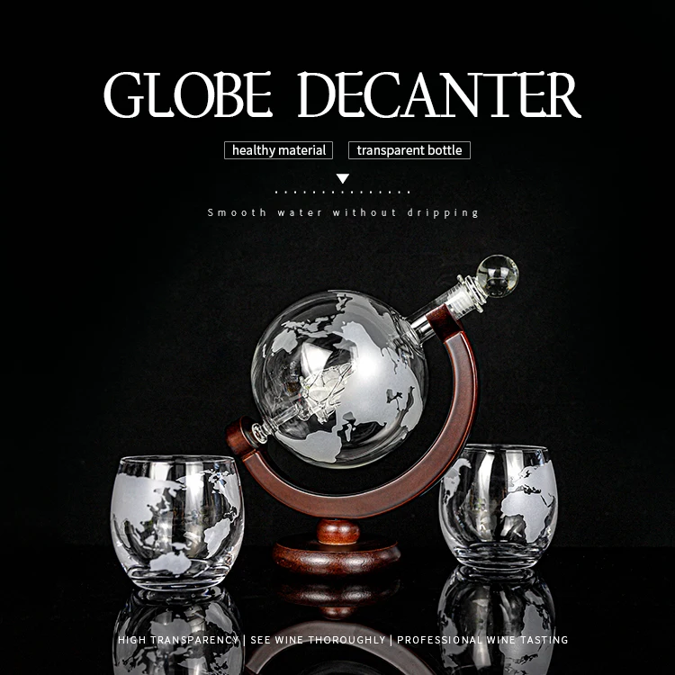 Globetrotter Etched Globe Spirits Decanter With Matching Glasses And Bar Funnel