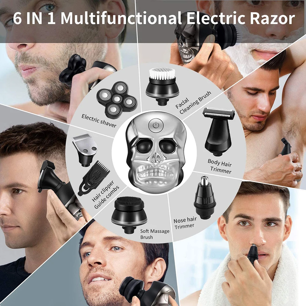 6 In 1 Portable USB Rechargeable 5 Heads Shaver Waterproof grooming kit Shaver skull shaver