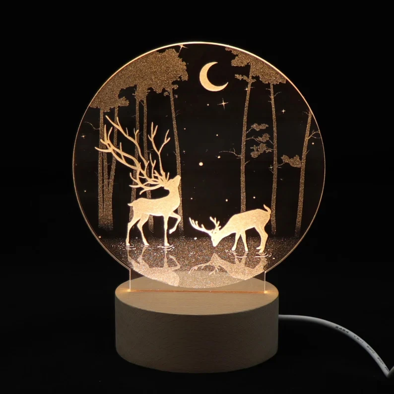 USB cable switch 3D Illusion round wooden Led modern night light base