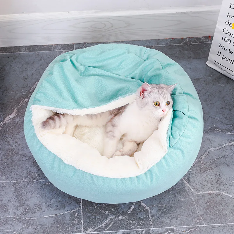Faux Fur Shell Semi-Enclosed Cat Dog Bed Warm Round Fluffy Plush Pet Bed For Indoor Cats