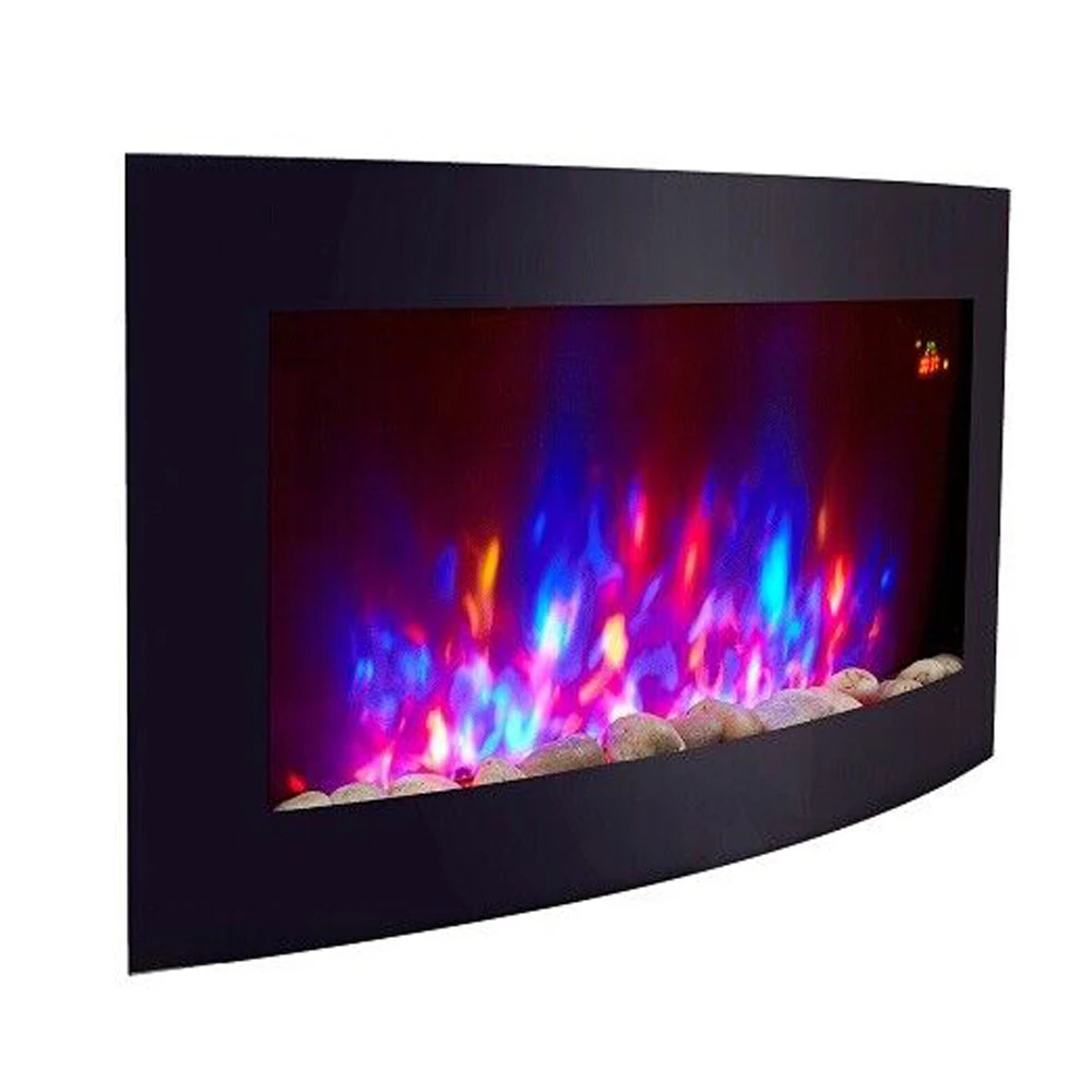 35 inch black curved glass elektrische wandhaard LED pebbles fuel effect wall mounted electric fire place