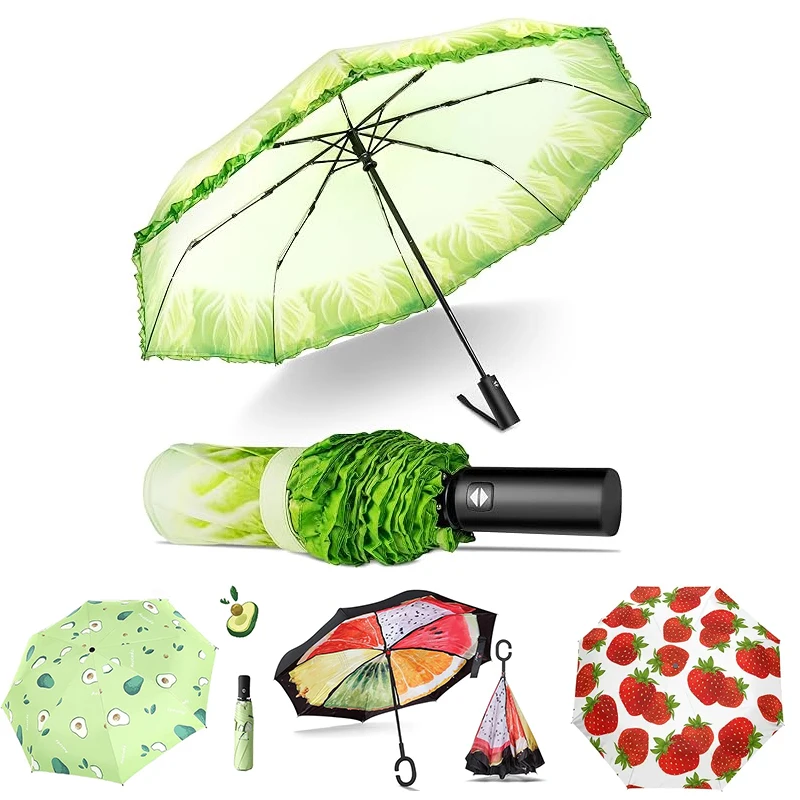Cute Gifts Automatic Women Cabbage Custom Print Lightweight Rain Vegetable Plant Folding Travel Umbrella Fruits