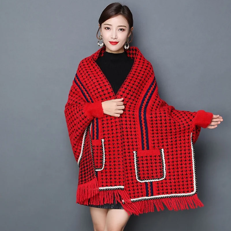 
Fashion Autumn and Winter Mink Cape Shawl Wth Sleeves Houndstooth Striped Cloak Stoles And Shawls Women 