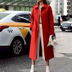 2022 fall elegance office long coats single-breasted lapel casual mid-length women woolen trench coat