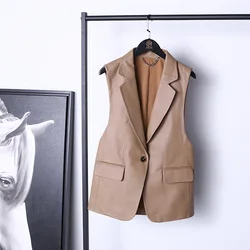 Synthetic leather single button women blazer collar sleeveless vegan leather classical ladies waistcoat vest