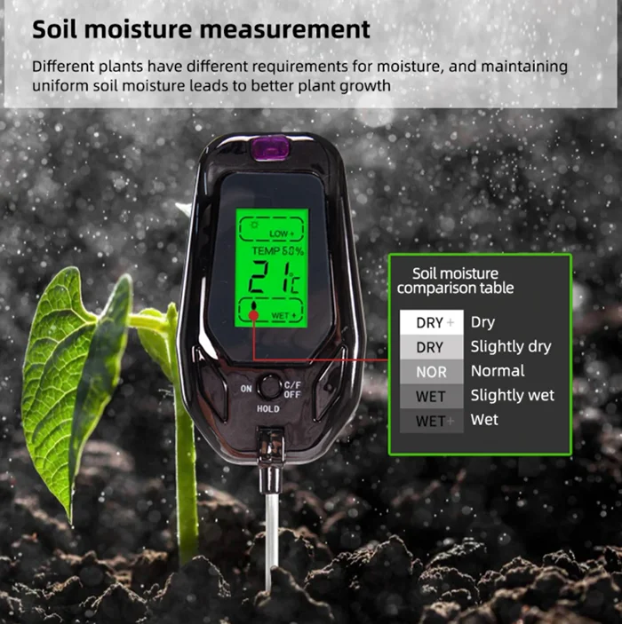 5 in 1 Soil PH Meter Tester Digital Temperature/Humidity/Sunlight/Moisture Garden Soil Acidity Analyzer for Farm Plants