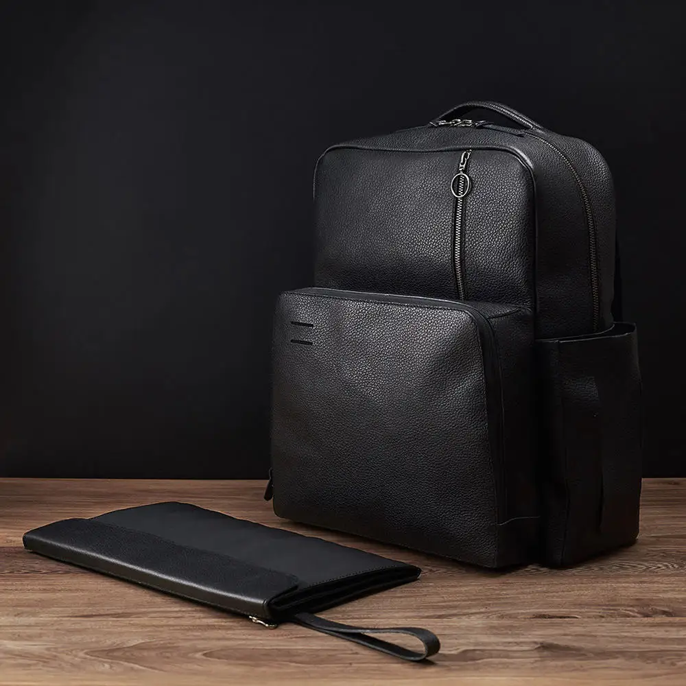 Высококачественный новый черный кожаный мужской рюкзак для подгузников с логотипом на заказ, сумка для влажных подгузников, рюкзак с пеленальной подушкой