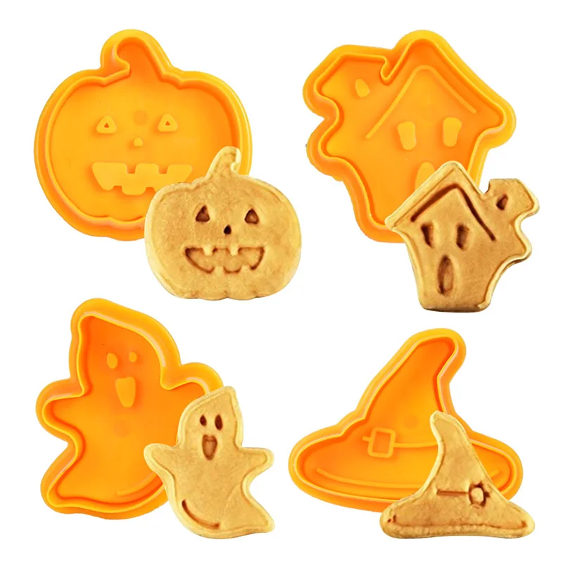 4pcs Halloween Party Decoration Pumpkin Ghost Theme Plastic Cookie Cutter Plunger Fondant Chocolate Mold Cake Decorating Tools