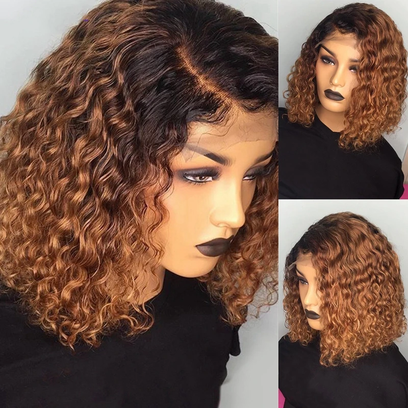 Ombre T1B/27 Wigs 13x4 Lace Front Closure Wigs Human Hair Pre Plucked Brazilian Virgin Hair Glueless Lace Short Curly Bob Wigs