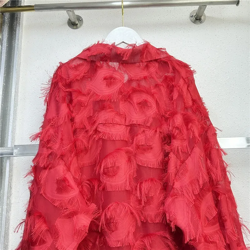TWOTWINSTYLE Chiffon Blouses Red Christmas Tops Patchwork Feather Loose Fashion Blouse For Women