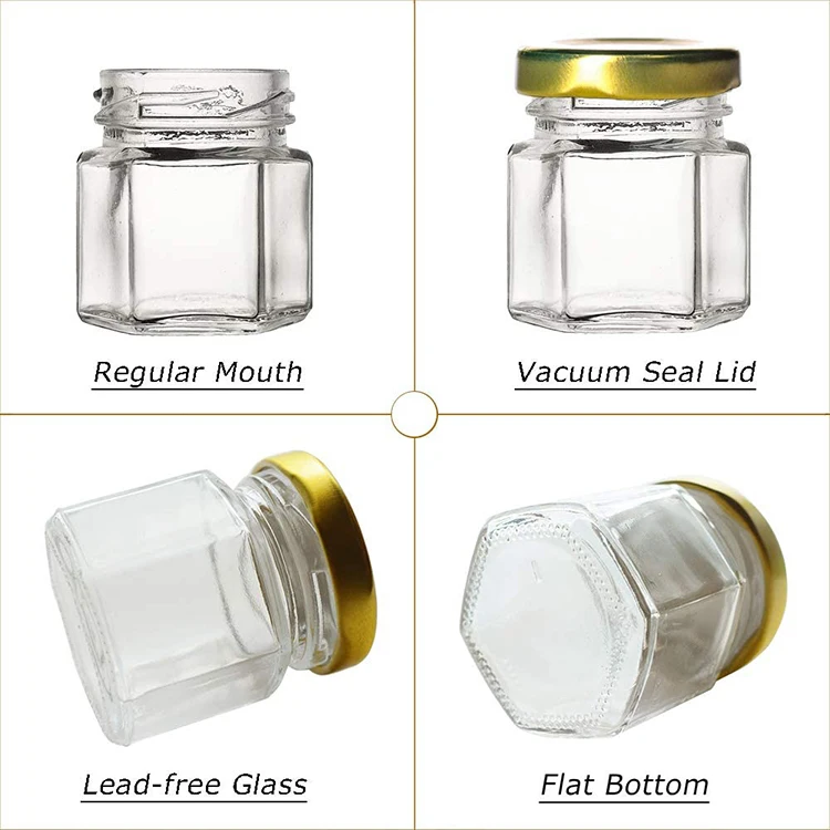 Food Grade Hexagon Magnetic Glass Spice Jars with Tinplate Metal Lid 1.5oz 45ml