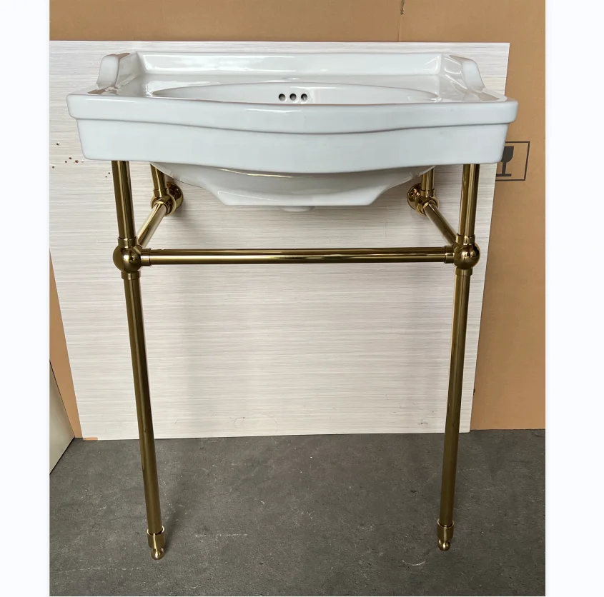 Single Vanity with Brushed Brass Polished Gold Stainless Steel Bracket Match with Snow Mountain White Stone Countertop