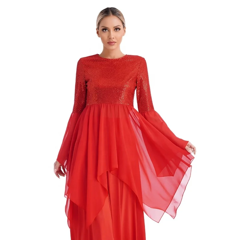 Womens Liturgical Dance Performance Shiny Sequins Patchwork Worship Tunic Round Neck Flared Sleeve Asymmetrical Hem dance Dress