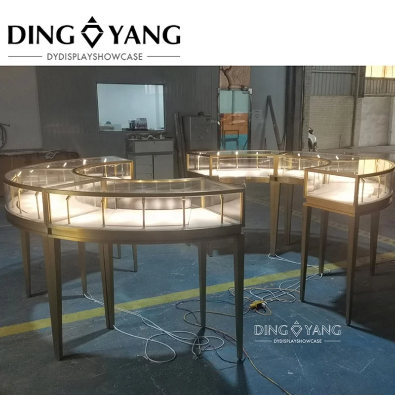 Factory Custom Made Luxury Hairline Golden Jewellery Display Showcase,Luxury Jewellery Showcase For Sale