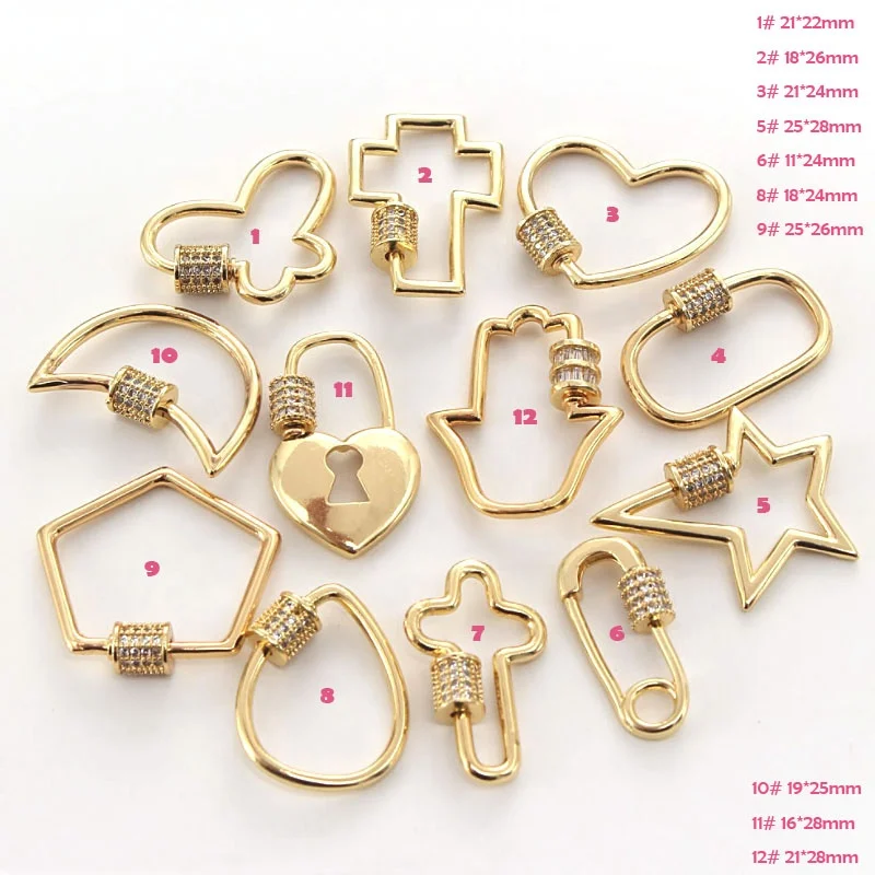 18k brass 3A zircon paved carabiner clasp for jewelry making star heart cross oval gold screw clasp for DIY bracelet making