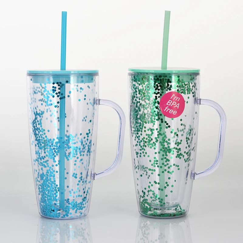 BPA Free 20oz Double Wall Plastic Acrylic Glitter Tumbler with Handle and Lid and Straw