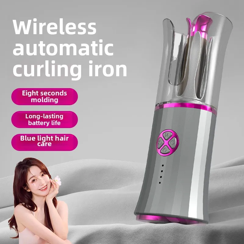 Portable Rechargeable Wireless Curling Iron LED Temperature Automatic Rotation Transparent Blue Light Travel Cross-Border