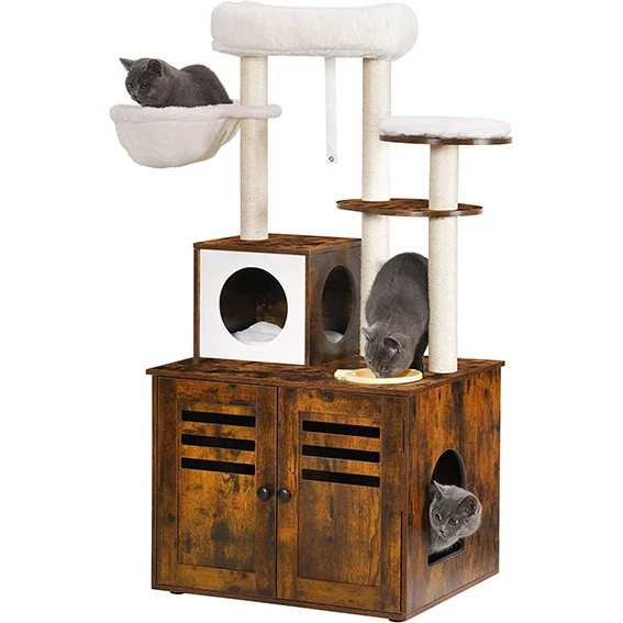 Cat Tree, Wood Litter Box Enclosure with Food Station, All-in-one Indoor Cat Furniture with Large Platform and Condo