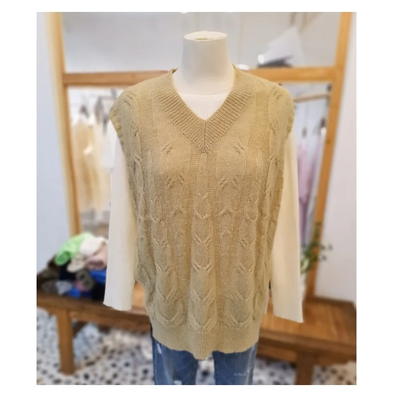 Простой Тонкий Трикотажный жилет с V-образным вырезом, женский жилет, свитер с трехмерными цветами из конопли, в полоску, с золотой нитью, мохеровый