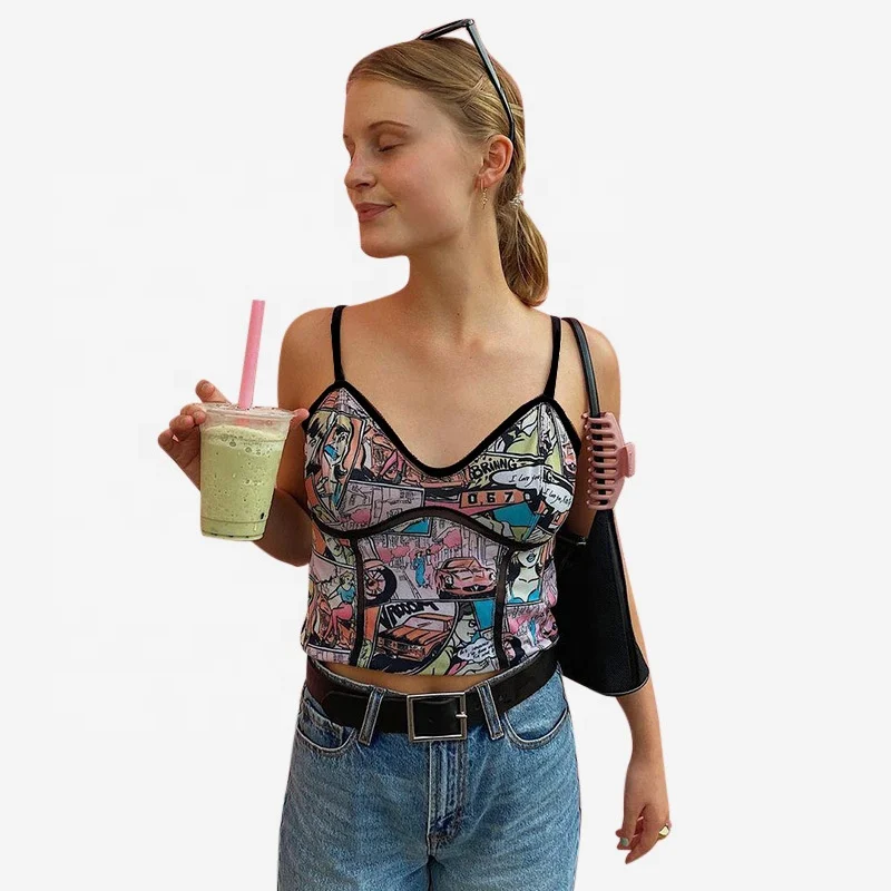 
Summer New Style V-Neck Cami Tops Sexy Trend Navel Seamless Graffiti Printed Black Camisole Top for Gilrs Ladies Women 
