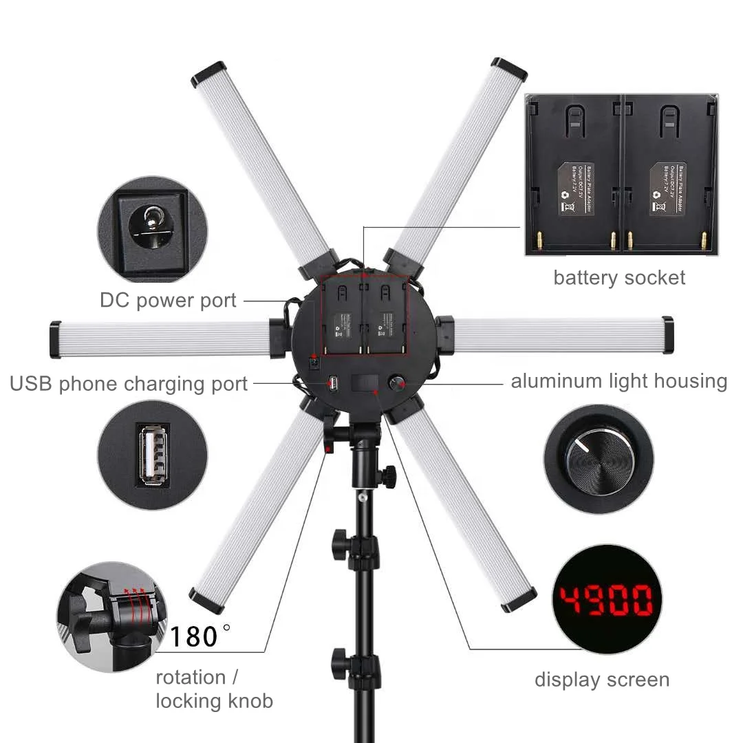 six led stick ring light phone live broadcast equipment 55W 3200-5600K rechargeable led floor lamp for beauty salon