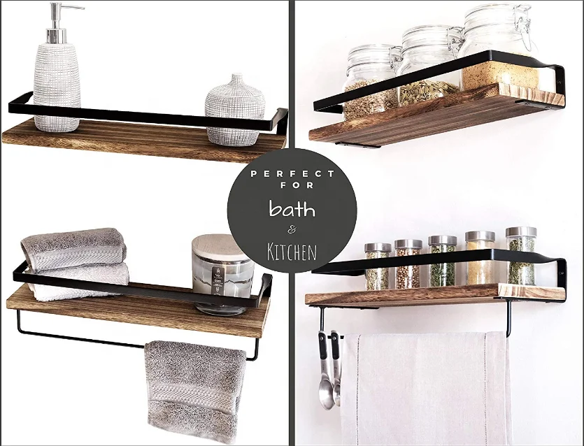 Home decor Rustic Floating Wall Shelves with Rails Decorative Storage for Kitchen