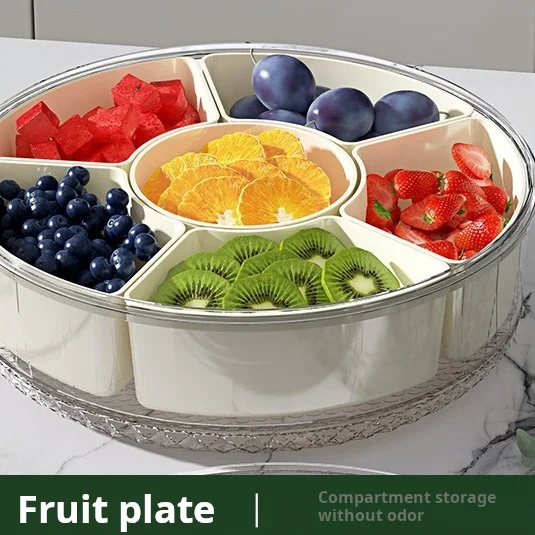 XJH Modern 6 Compartments Fruit Tray Veggie Platter 360 Rotatable 12 inch Food Snack Box Container with Lid and Handle