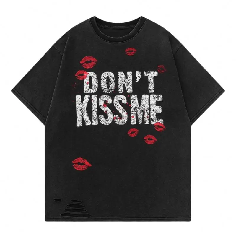 Wax Dyed Vintage Ripped Kiss Print Distressed Tee Custom Screen Print T-shirt Men Heavyweight Cotton Blank Oversized TShirt