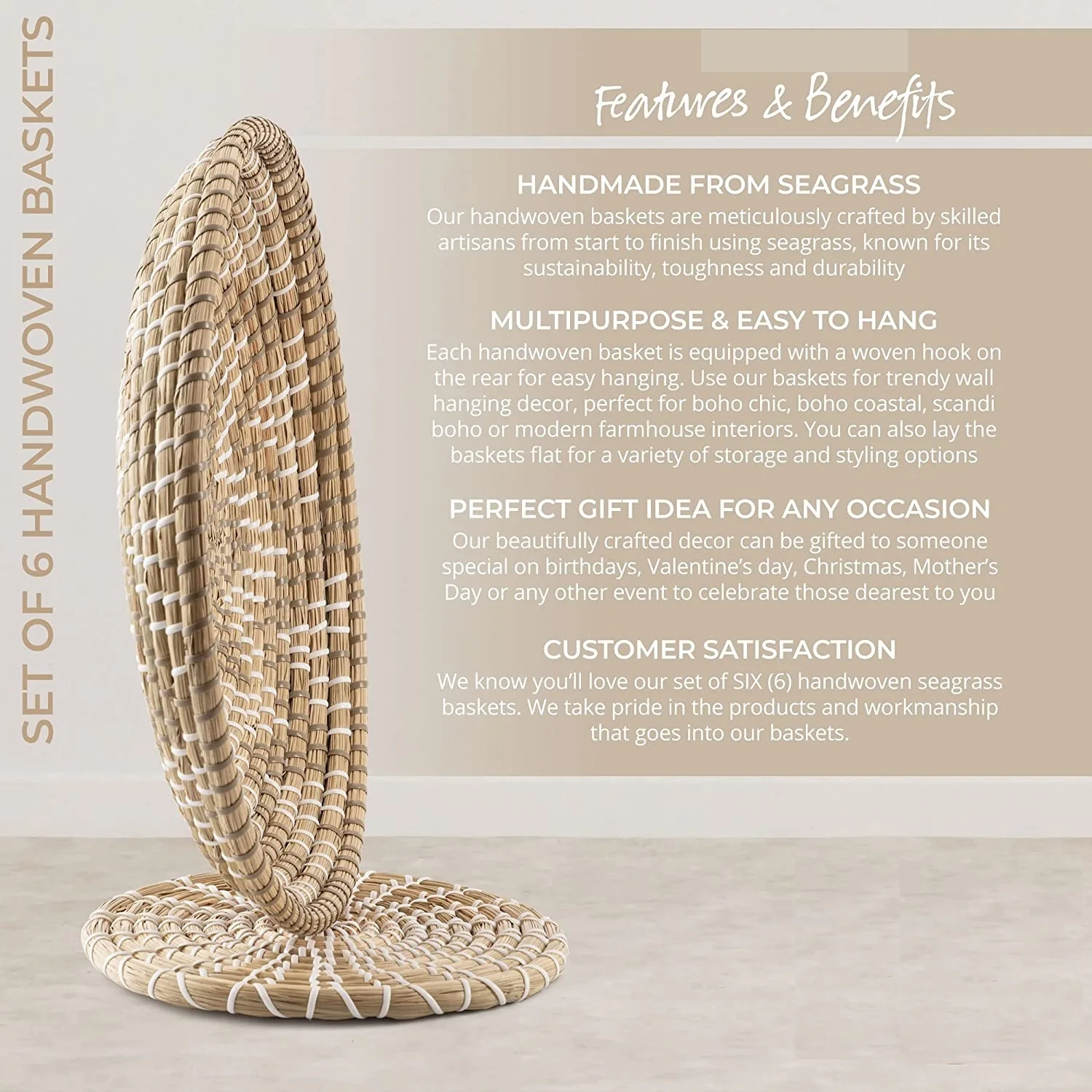 Oversized BOHO Room Jute Straw Handwoven Natural Wicker Woven Hanging Wicker Rattan Seagrass Storage Wall Basket Decor Set