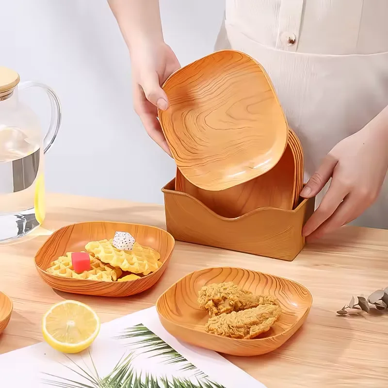 High Grade Wood Grain Square Bone Spitting Plate Unbreakable Dinner Plates Dessert Plates