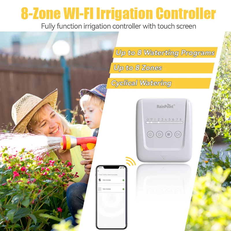 RainPoint Smart 8 Zones Watering Irrigation Timer Tuya APP Wifi Control Sprinkle for Greenhouse