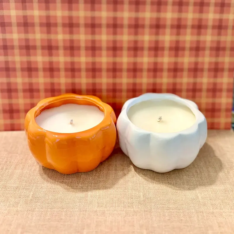 Halloween decor cute pumpkin shape ceramic candles vessels gift custom luxury 7 oz frosted empty candle jar with lid