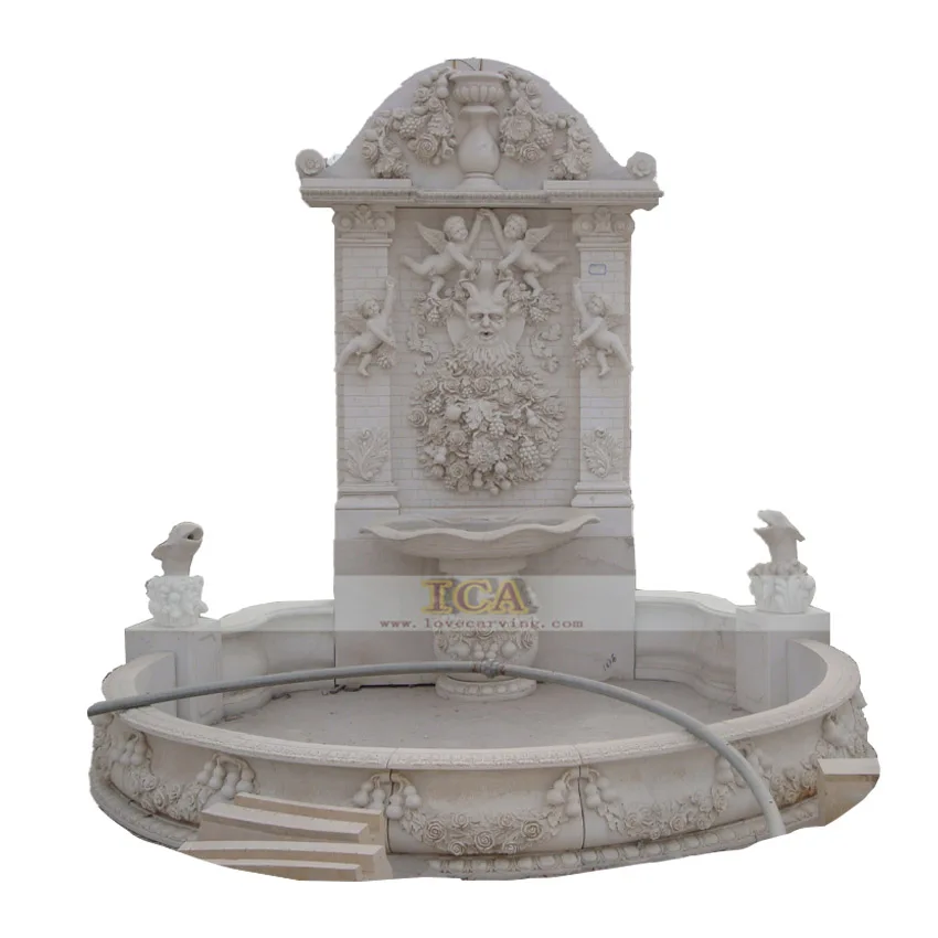 High quality hand carved yellow marble wall fountain with woman and boy statue for outdoor and indoor decorative