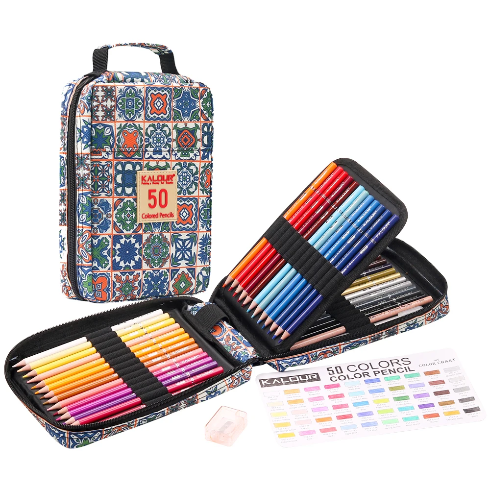 KALOUR Brand Hot Sale Nylon Bag packed New Style Soft Core 50pcs Colored Pencils Drawing Set in Colored Nylon Case