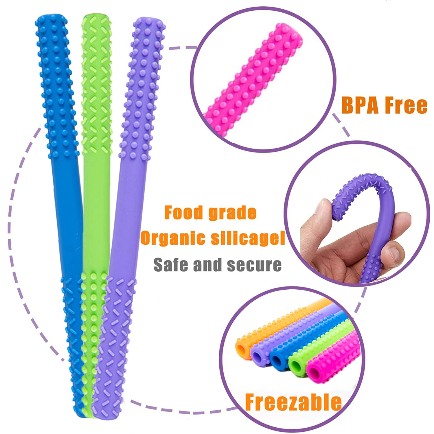 Amazon Hot Sell Hollow Teething Tubes Chew Stick Teether Baby Molar Stick Soft Silicone Toy