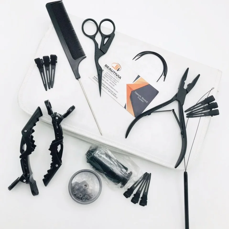Black Matte Micro Beads Tool Kit Set Wholesale Premium Quality Custom Logo Human Hair Extension Pliers Alligator Clips Microbead