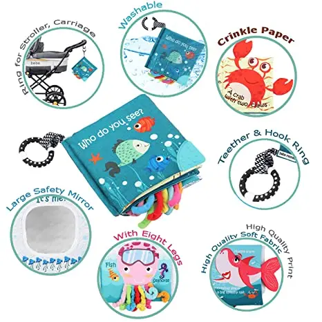 AUGLEKA Early education Who do you see Teether ring ocean Fish Sea Animal soft cloth book for baby infant Toddlers