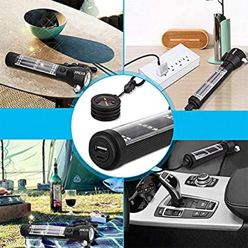 Solar Flashlight Car LED Flashlight Emergency Light USB Rechargeable With Belt Cutter Hammer Compass Flashlight