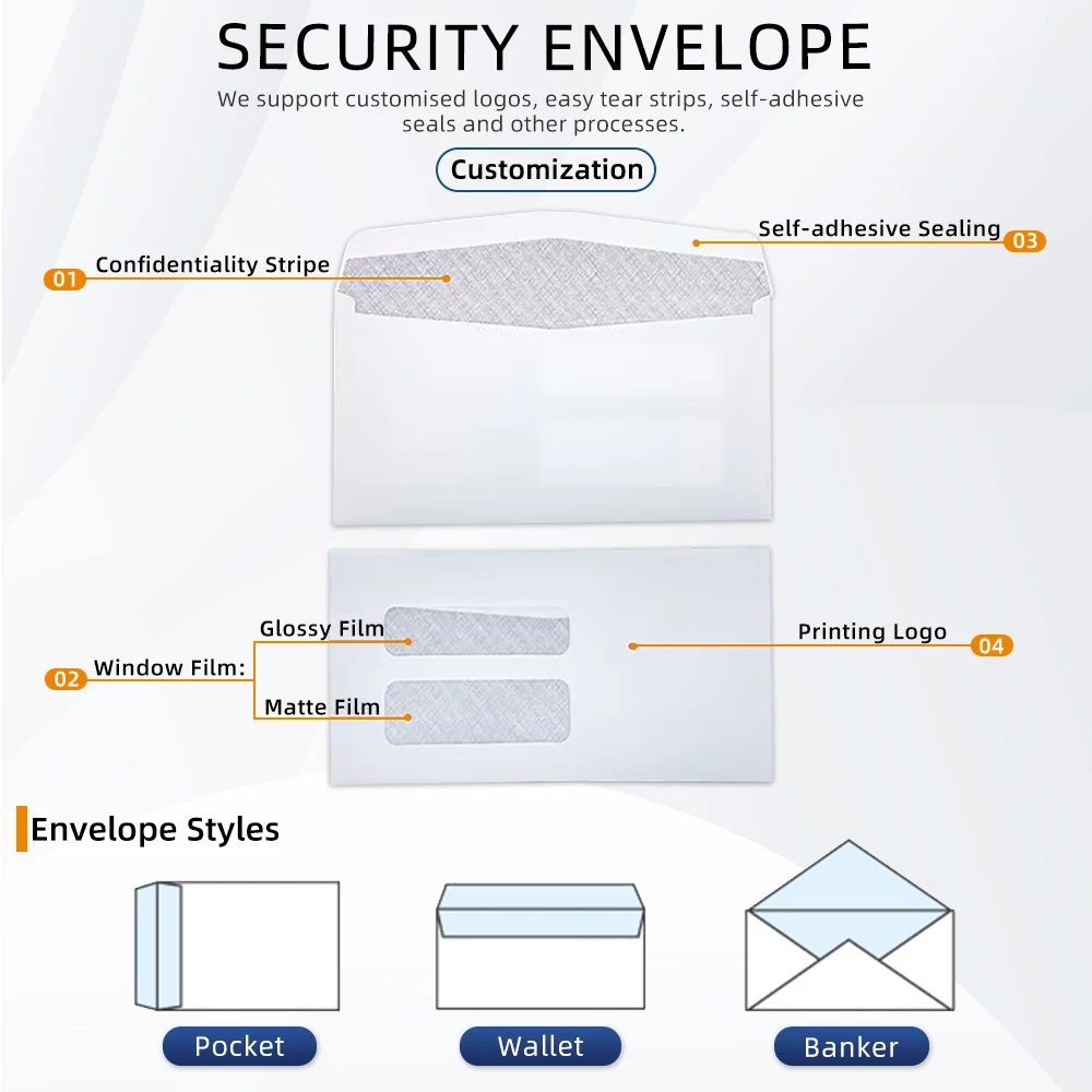 OEM Custom White Security Business Mailing Envelope #10 Self-Seal Wallet Envelope with Clear Window