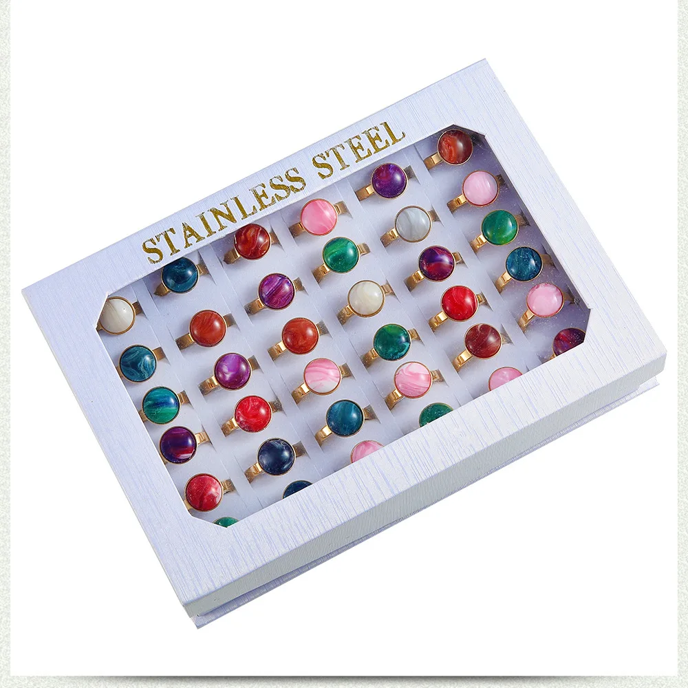 36PC/BOX Bohemia Vintage Natural Stone Gold Plating Ring Colorful Cat Eye Titanium Finger Men lady Stainless steel Rings